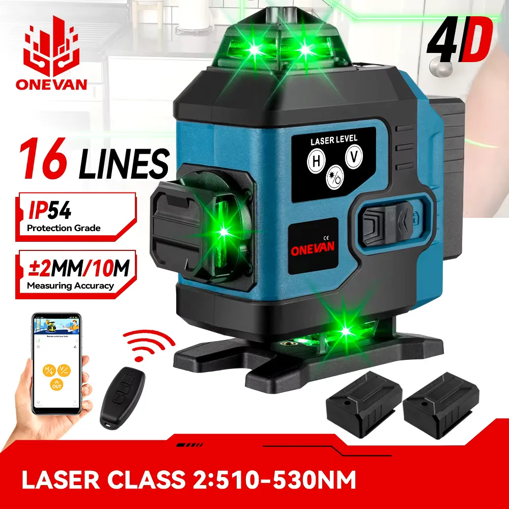 ONEVAN 16-liniowa poziomica laserowa 4D Samopoziomująca poziomica 360° pozioma i pionowa krzyżowa Super mocna zielona poziomica laserowa z 2