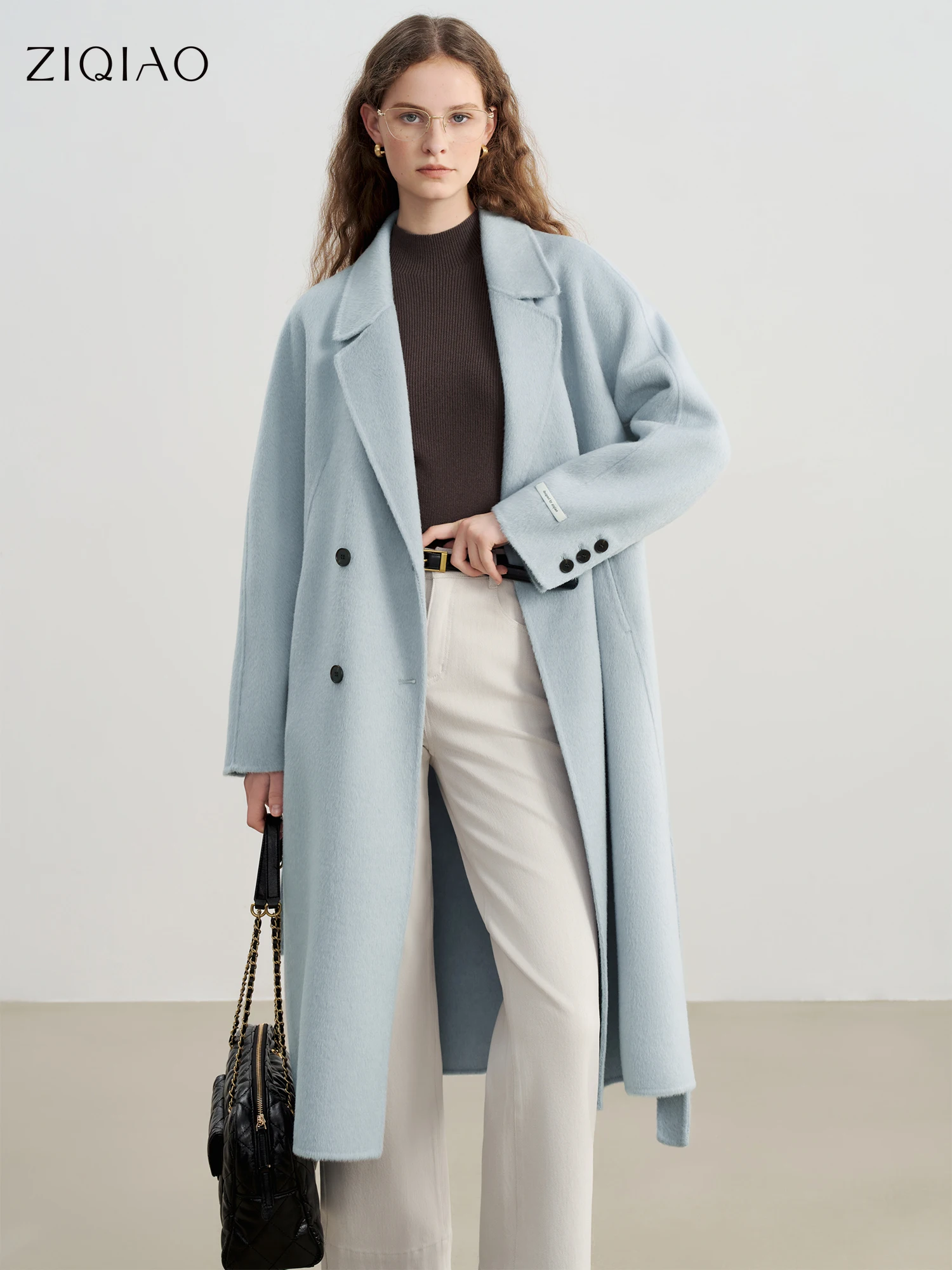 

ZIQIAO 2025 Winter Women's Petite Navy Blue Double-Faced Wool Blend Coat with Raglan Sleeve Short Tweed Overcoat for Petite Size