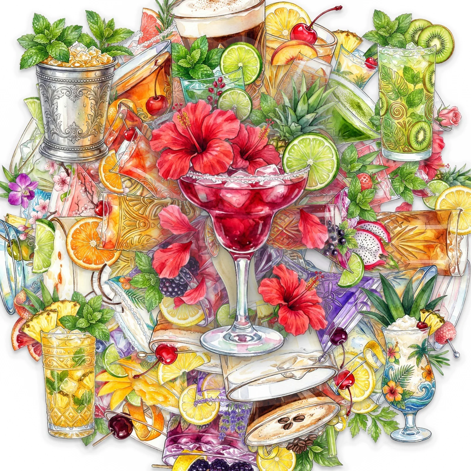 50-Pack Vibrant Cocktail Drink Transparent PET Stickers Phone Case Botebook & Water Bottle Waterproof Decals