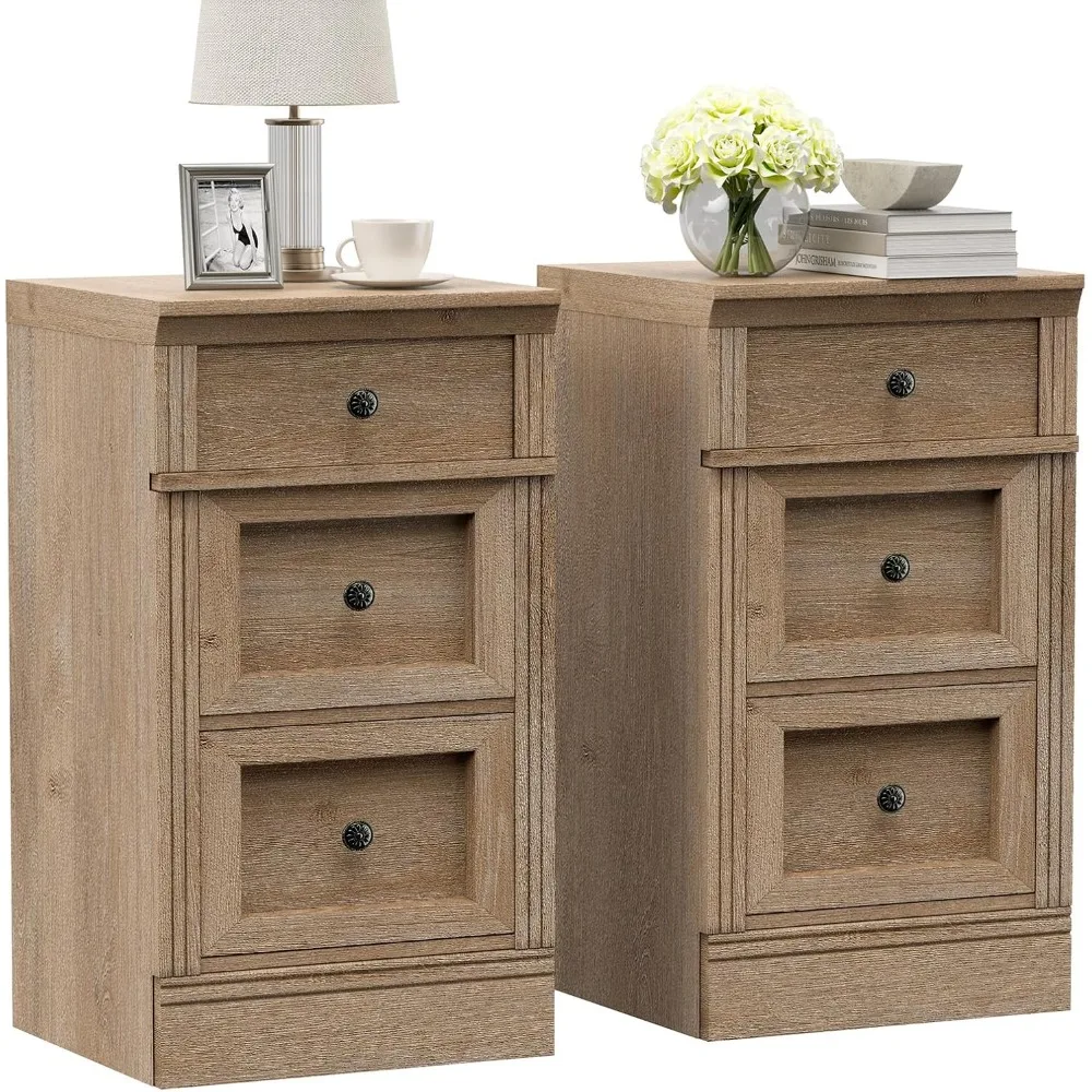 

31” Tall 3 Drawer Farmhouse Nightstands Set of 2, Narrow Bedside Tables with Vintage Floral Knobs, Rustic Wood End Table