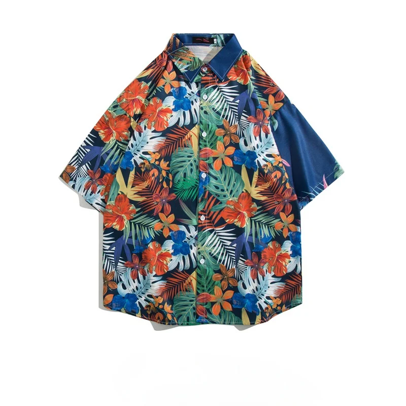 Summer Men's Retro Hawaiian Seaside Beach Printed Short Sleeve Shirt High Street Loose Casual Handsome Half Sleeve Flower Shirt