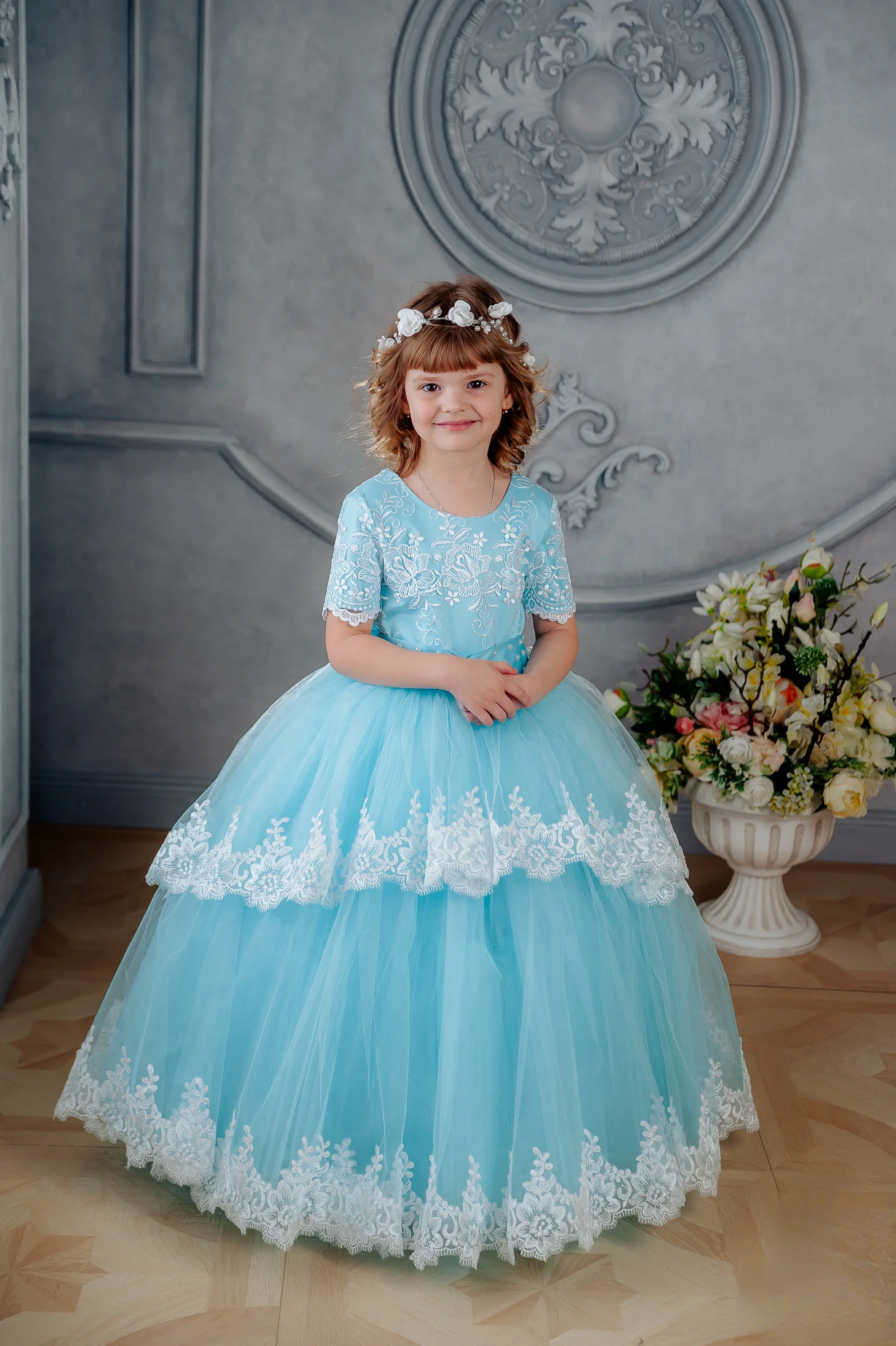 Flower Girl Dress Lovely Blue Fluffy Lace Printing Ball Little Princess Gown for Weddings Dresses Pageant Customised Gowns