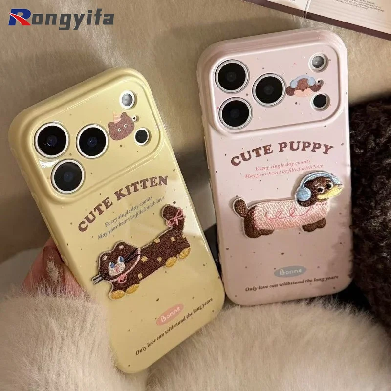 3D Embroidery Pet Case For OPPO Reno 16 15 A7 Pro Max Mini 15C 14 13 11 9 Pro 8Z 7Z 7 5G Kitten Puppy Couple Aesthetic Casing