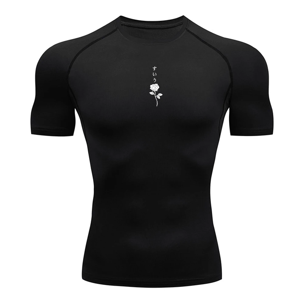 Men's Trendy Rose Print Compression T-Shirt Quick Drying Slim Fit Short Sleeve Top For Running Cycling Fitness And Casual Wear