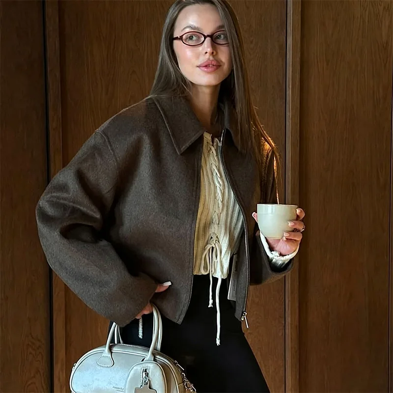 Übergroße Kurze Wolljacken für Damen mit Revers, Langen Ärmeln, Reißverschlusstaschen, Einfarbig, Locker Geschnitten, Schicke Herbst-Neuheiten Oberbekleidung – Detail 4