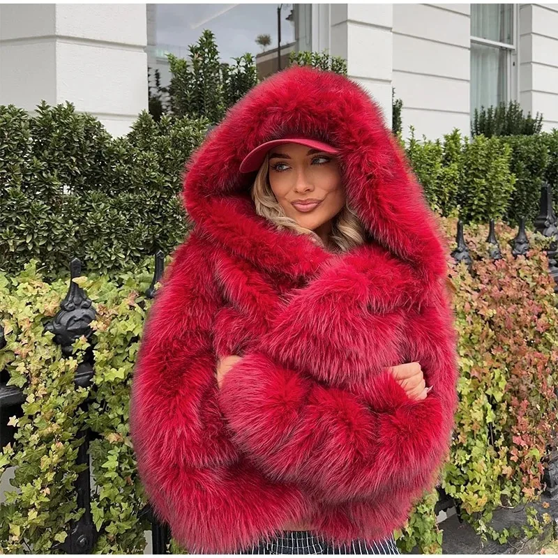 High Quality Hooded Faux Fur Coat Fox Hair Hooded Jacket Women's Korean Winter Elegant Fluffy Faux Fur Jacket Woman Clothing