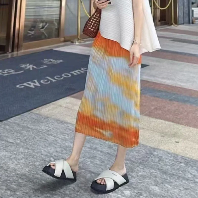 Miyake Pleated Skirt 2026 Summer New Simple Casual Elegant Fashion Printed Draped Vacation Beach Women's Slit Fold Long Skirt