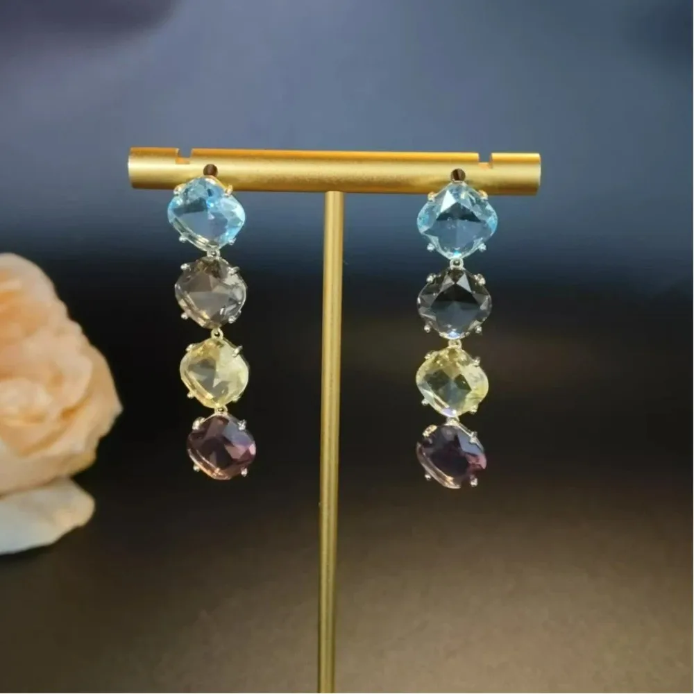 

2025 Autumn Winter Copper Alloy Claw-set Hollow Color Glass Stone Tassel Earrings, Long Style, Stylish, Commuter Popular Earring