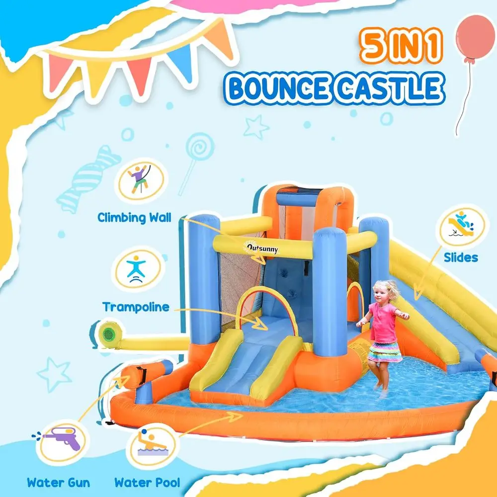 Opblaasbare kinderwaterparkglijbaan met spatzwembad, klimmen, luchtpomp, waterkanon, trampoline, 5-in-1 springkasteel voor buiten