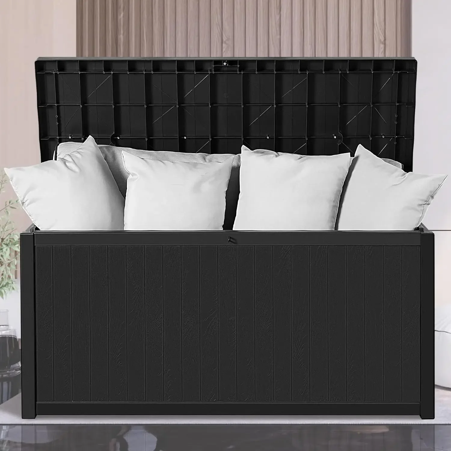 [تخفيضات سريعة، تصفية! ] صندوق تخزين خارجي مقاوم للماء سعة 120 جالونًا، وصناديق كبيرة من الراتنج، وحاوية تخزين قابلة للقفل للفناء