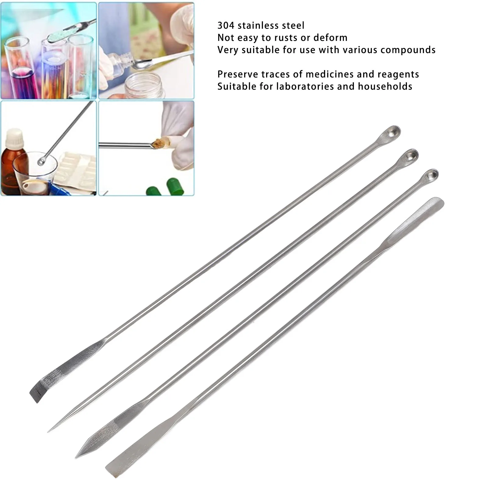 4PCS Laboratory Spatula Set 304 Stainless Steel  Spoon for Mixing with Storage Bag Stainless Steel Laboratory Spatula