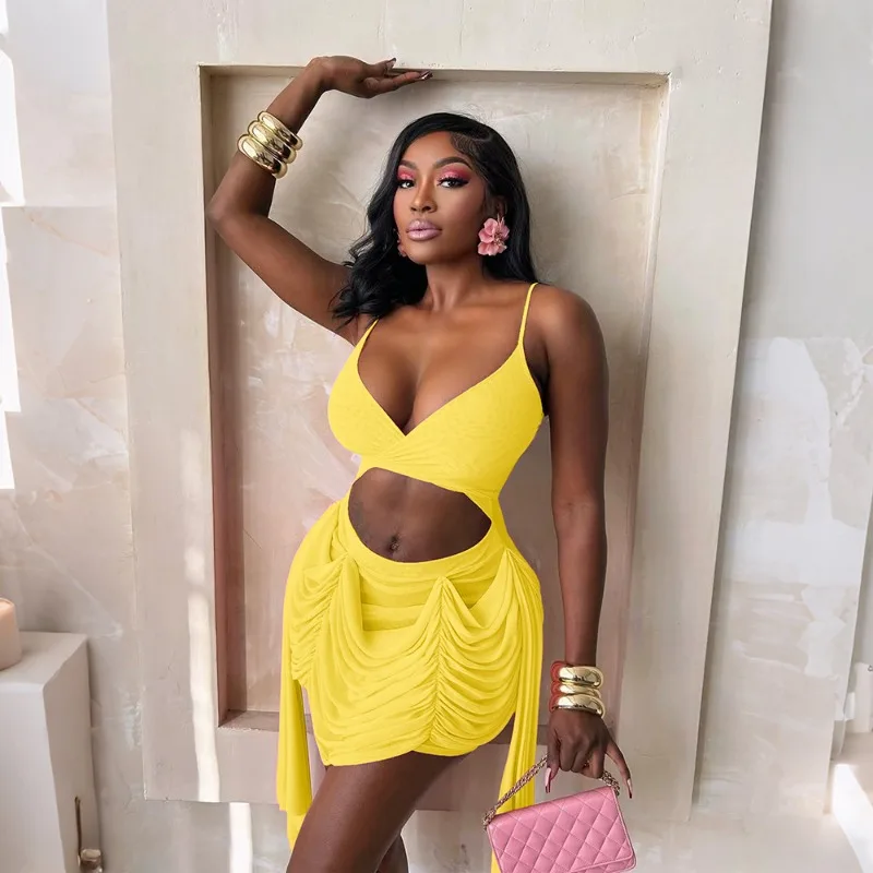 

KEXU Sexy Hollow Out Birthday Woman Dress Rave Club Night Spaghetti Strap V-neck Ruched Mesh Party Mini Bodycon Short Dresses