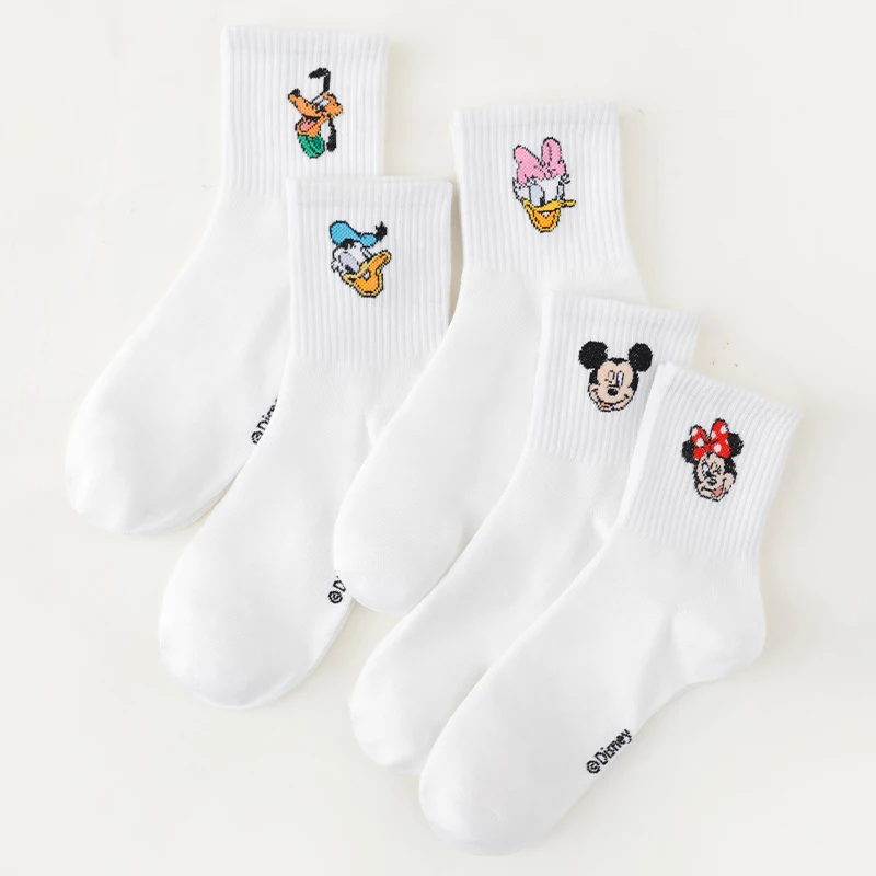 5 Paar weiße Socken mit Cartoon-Disney-Aufdruck, modische, elastische und bequeme Baumwollsocken, geeignet für weibliche Teenager