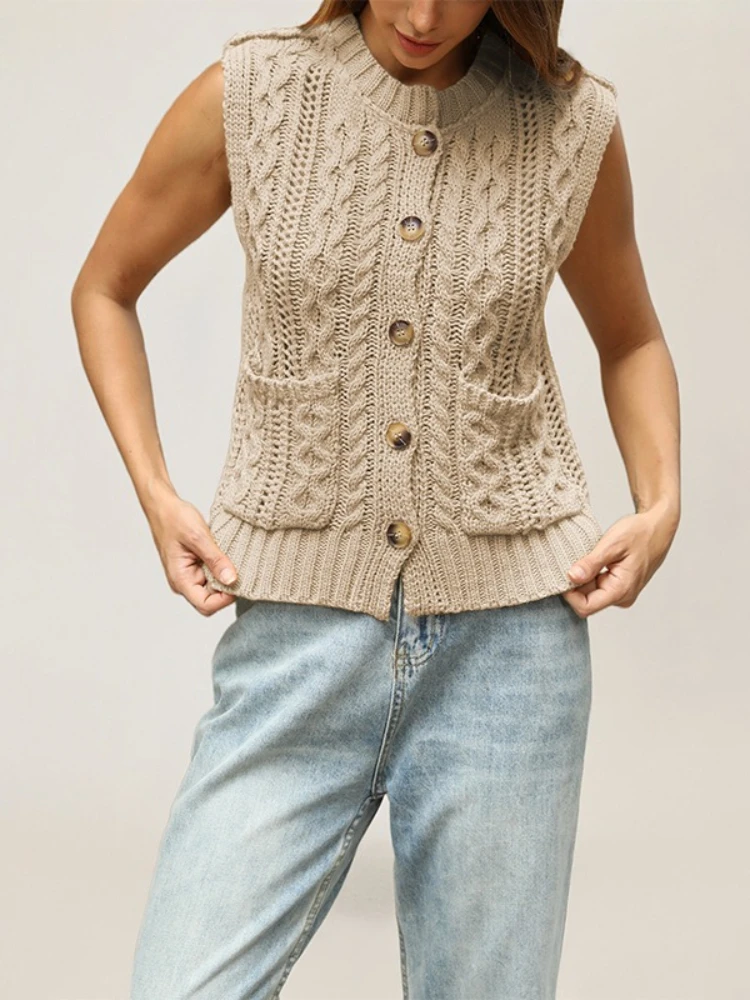Autumn Winter Women Knit Fashion Sleeveless Cardigan Single-breasted Coats Version Loose Lazy Round Neck Short Sweater Clothing