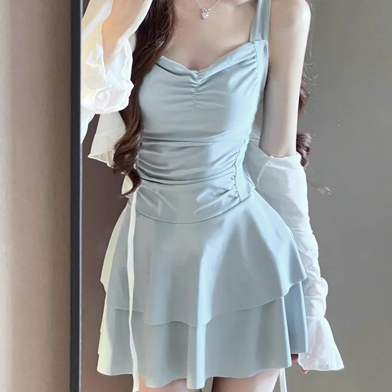 Trajes de baño para mujer, trajes de baño de una pieza con tirantes de Color sólido, traje de baño de primavera con espalda descubierta dulce a la moda, versión coreana
