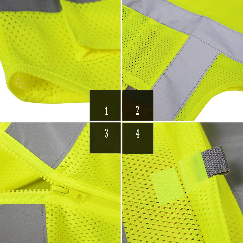 Hi Vis Fluorescent Yellow Safety Vest With Customized Logo Construction Vest Reflective With Pockets And Zipper For Men Workwear