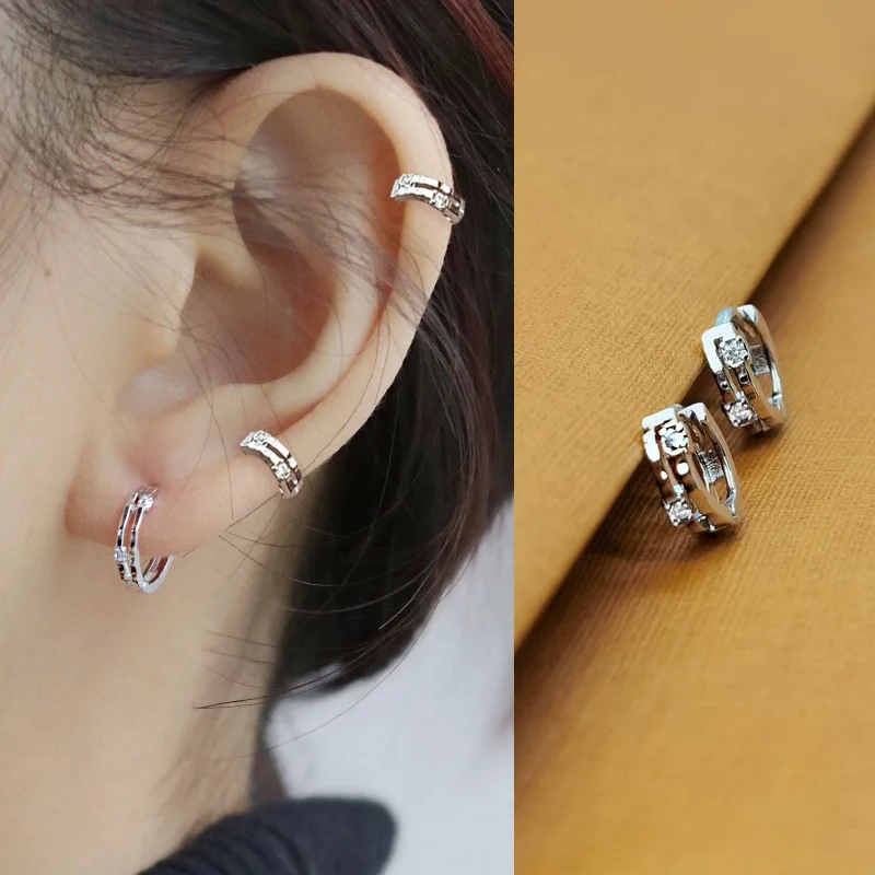 Modern Women's Earrings 2024 Simple Silver Color Cubic Zirconia Ear Hoops Cartilage Korean Style Accessories Jewelry Gift KCE163