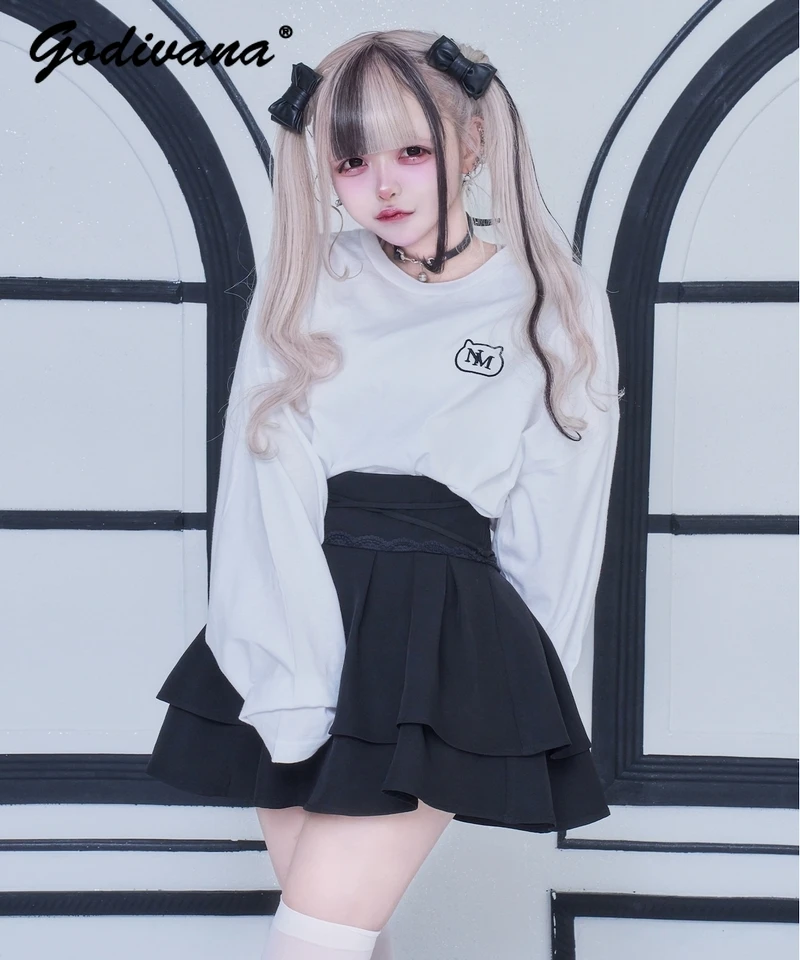 

Japanese Mine Series Mass-produced Cute Cat Paw Embroidered Cotton Long-sleeved T-shirt Subculture Gothic Loose Pullover Top
