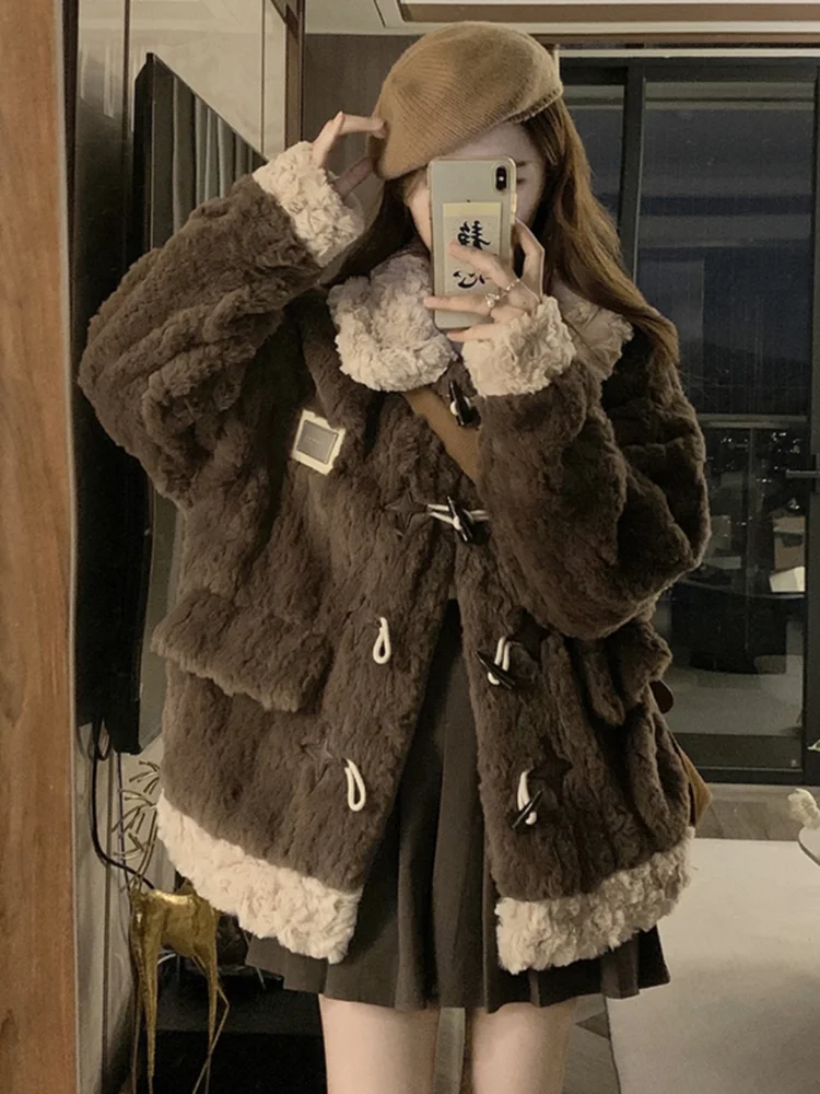 French Winter Faux Fur Coat Sweet Chocolate Color Button Horn Buttons Lapels Cute Warm Casual Dating Commuting College Outerwear