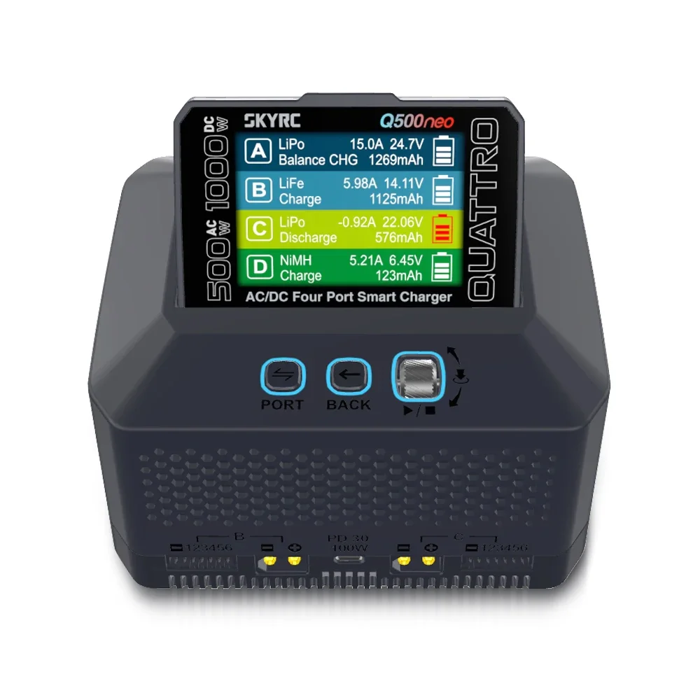 SKYRC Q500neo 4 Channel Smart Charger 4×25A 500W Discharge ARM PID Adjustable Power for LiPo LiHV NiMH Pb Battery