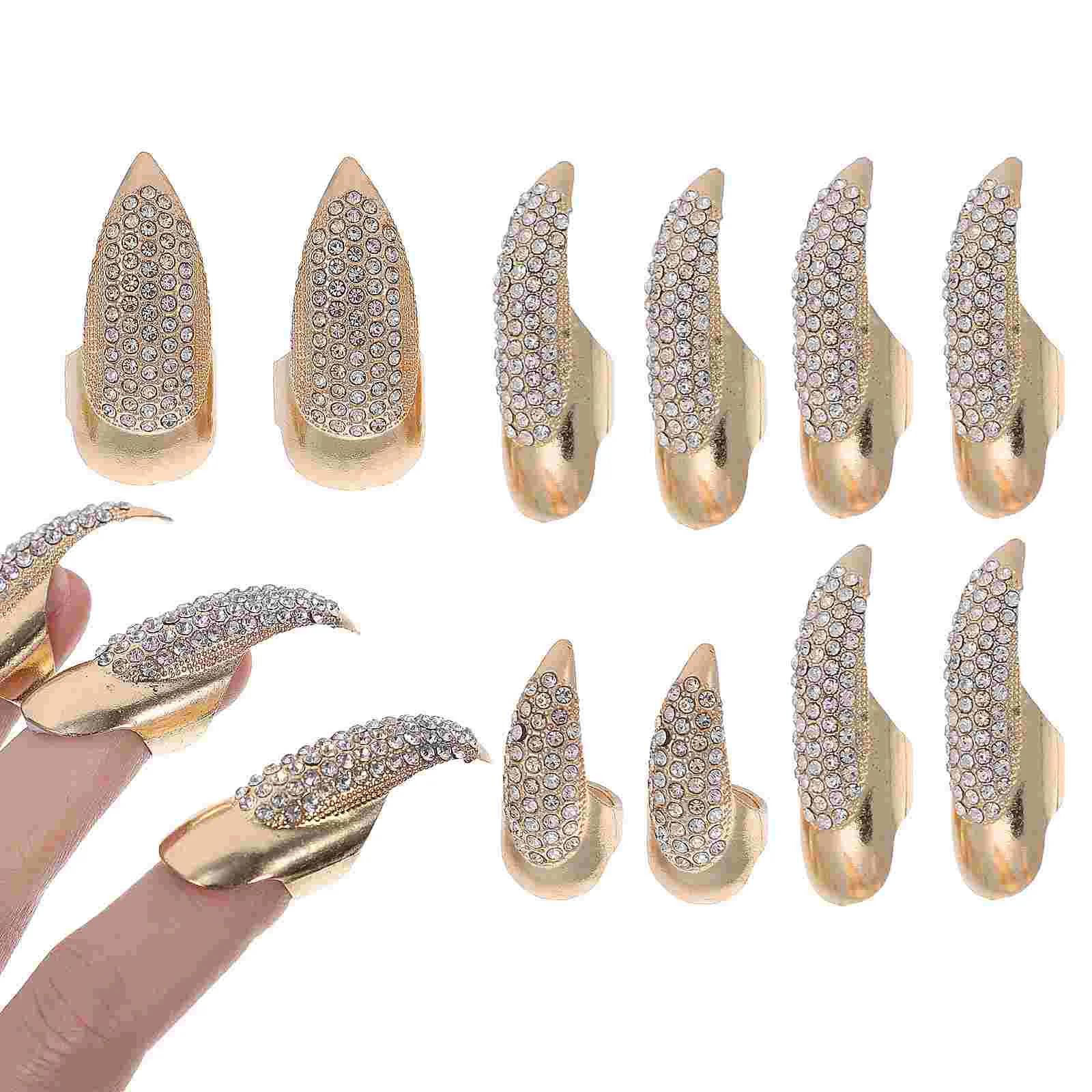 10 Pcs Metal Decorative Nails Fingertip Claw Rings Punk Halloween Alloy Fingernail Rhinestones