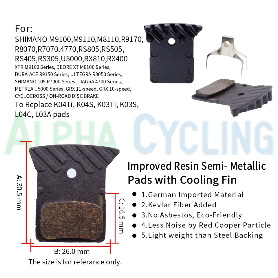 Cooling Fins Brake Pads for Shimano XTR, XT, SLX, Deore, Dual Ace, ULTEGRA, 105, TIAGRA, METREA, GRX  and ZEE, SAINT Caliper