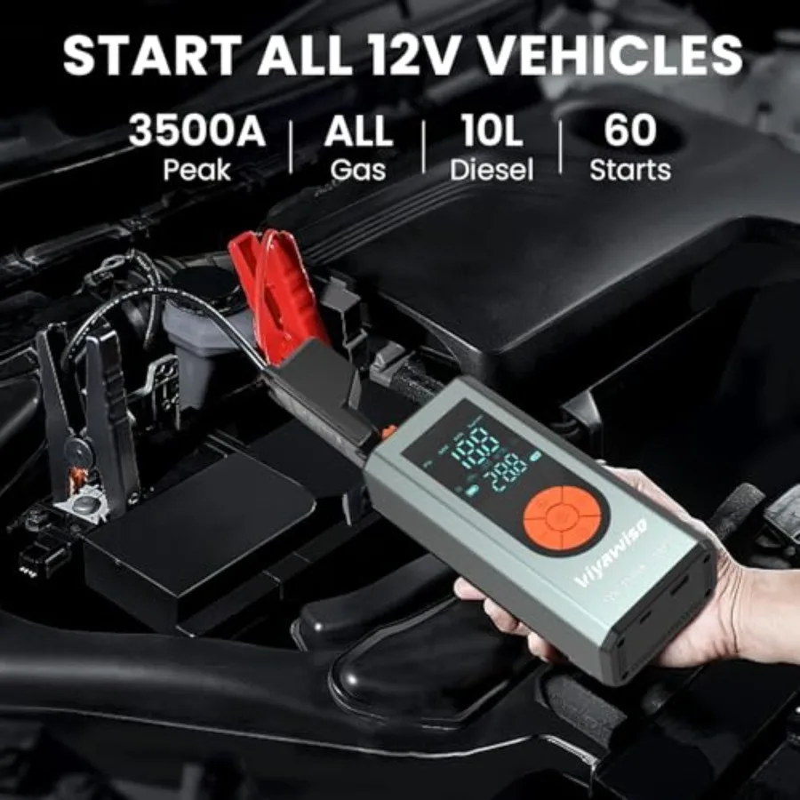 Portable Car Jump Starter with Air Compressor 3500A Jumper Starter Battery Pack with 150PSI Tire Inflator 12V Jump Box for Char