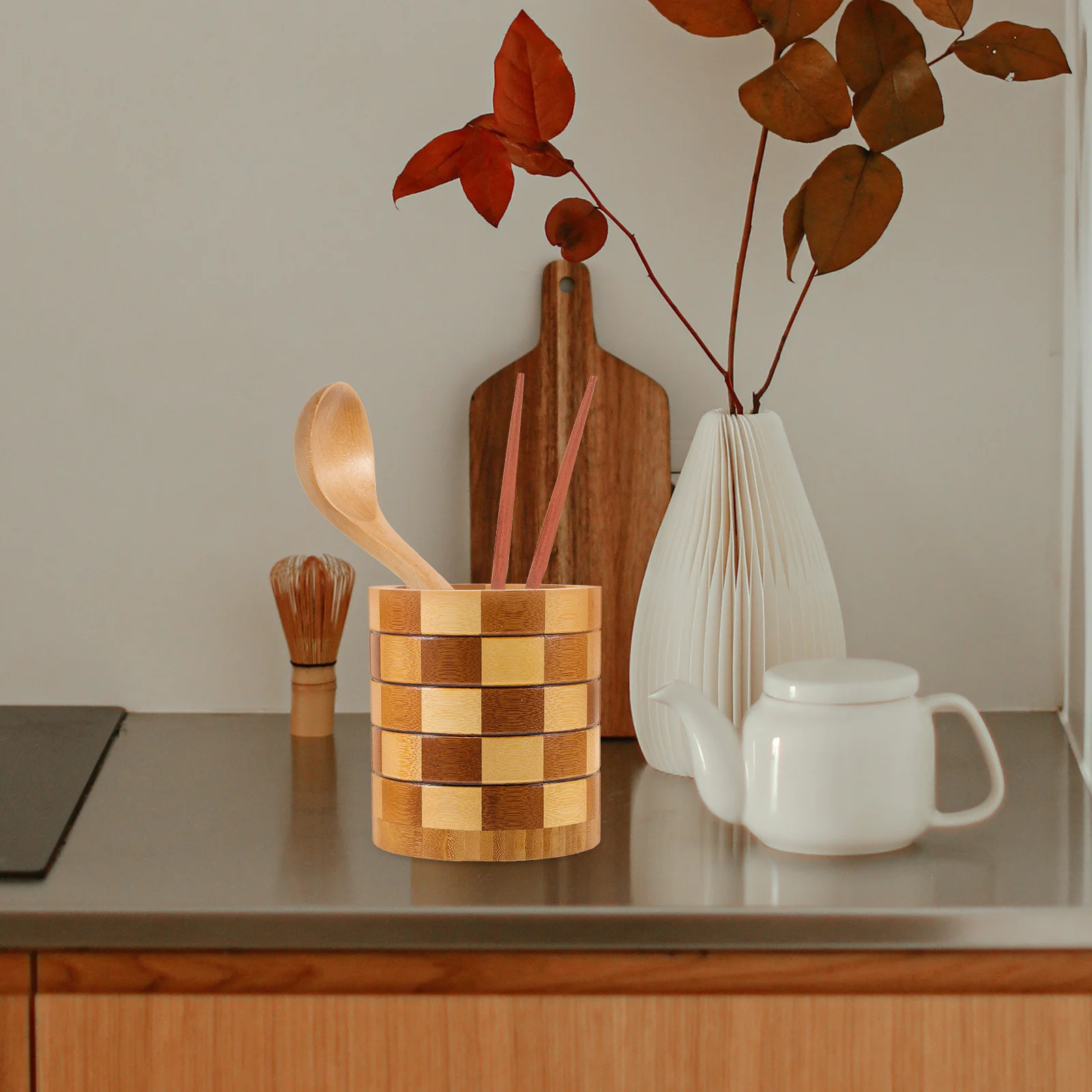 Vintage Check Utensil Storage Holder Multipurpose Tableware Organizer Kitchen Countertop Chopstick Flatware Cutlery Container