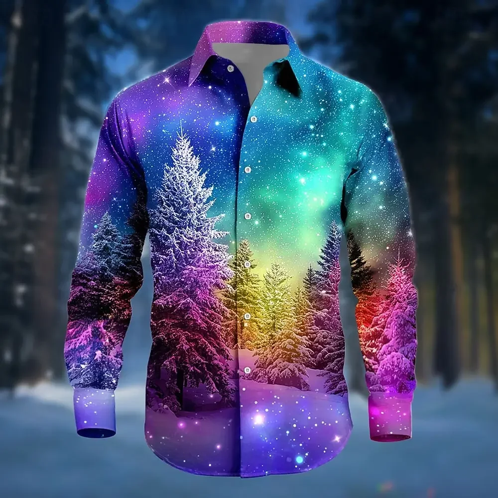 2025 New Men's Long Sleeve Shirt Christmas Tree Aurora Christmas Casaul Costume Shirt Streetwear Comfort Slim Fit Shirts Top's