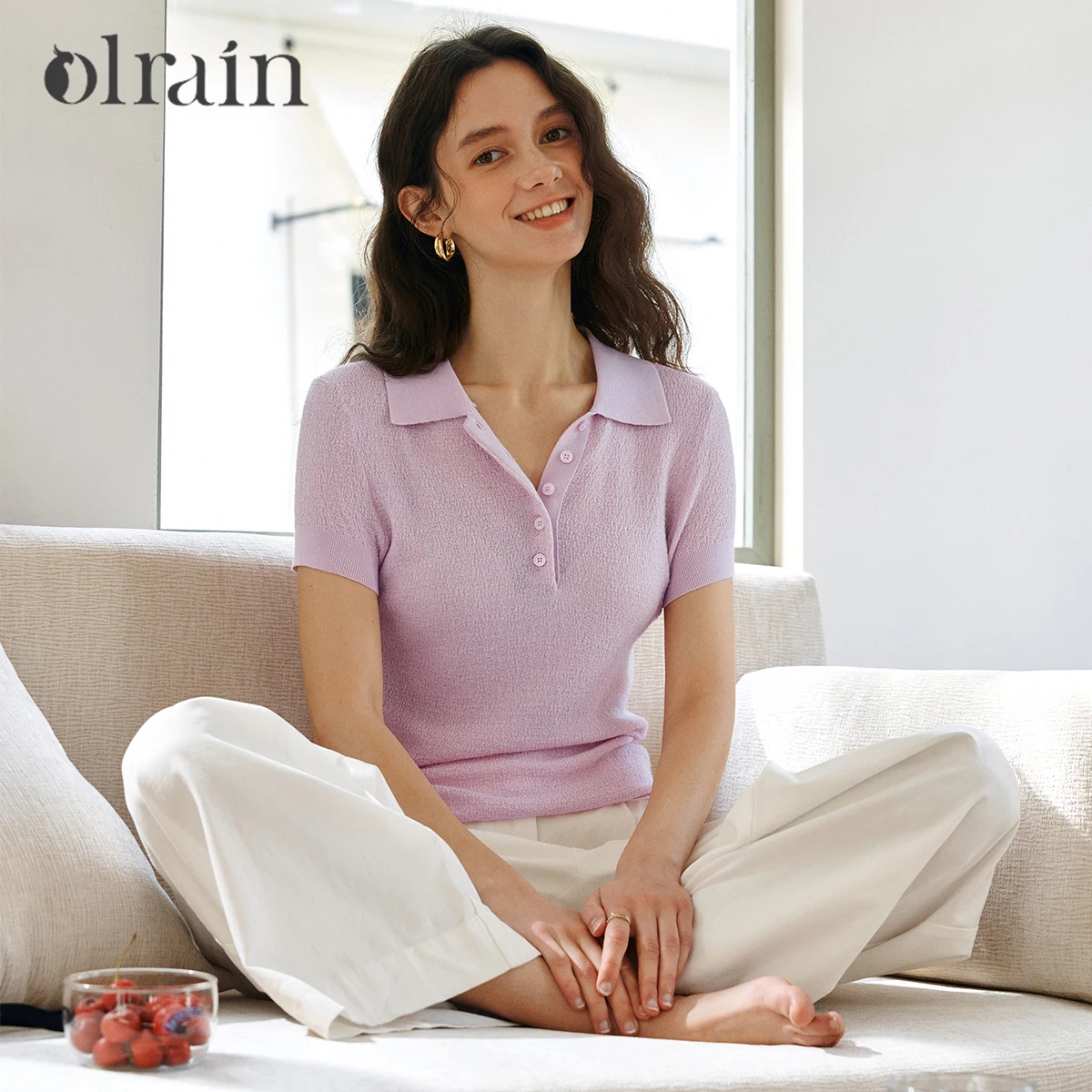 OLrain Vintage Polo Lapel Collar Knit Top Women 2026 Summer Light Purple Casual Office Textured Short Sleeve T-shirt O58XZ001566
