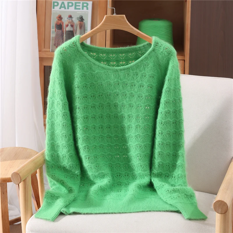 Damski sweter z czystego kaszmiru norkowego, jesienno-zimowy, nowy, jednolity kolor, prosty, z okrągłym dekoltem, ażurowy, modny top, miękki pulower.