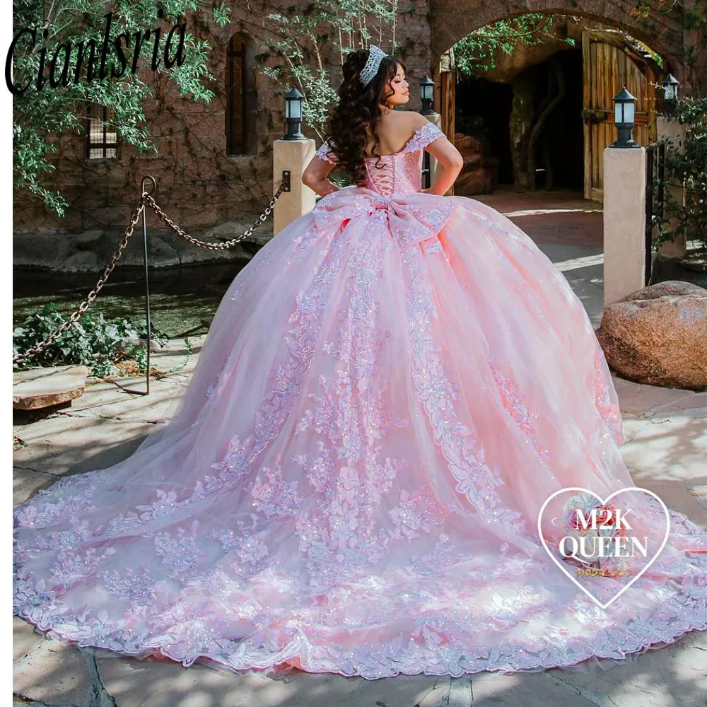 2024 мексиканское розовое блестящее платье Quinceanera с 3D цветочной аппликацией Vestidos XV годы Sweet 16 вечернее платье для вечеринки