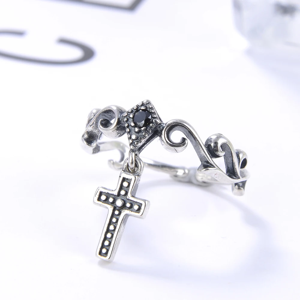 

925 Sterling Silver Zircon Open Ring for Women European American Style Light Luxury Cross Tassel Fashion Jewelry Accessory