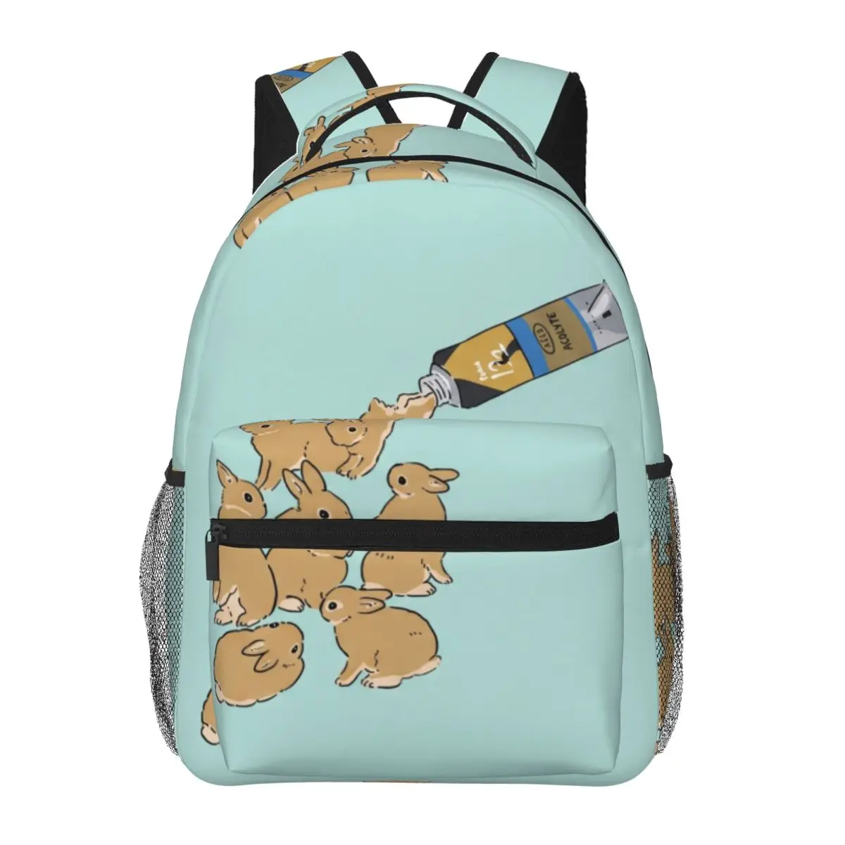 Cute Bunny School Backpack Center Rabbit Tube Whimsical Illustration Light Blue Brown Multi Soft Daypack for Teens Travel Daily