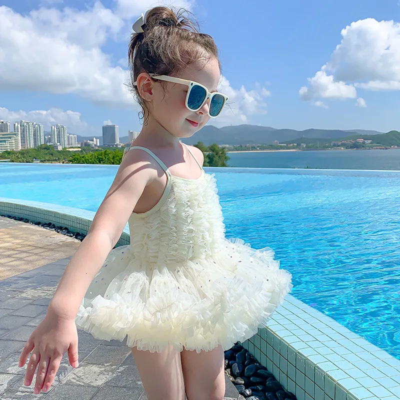 Kids Tulles Beach Dress Baby Girls Cute Swimwear Clothing Fashion Sleeveless Tutu Dresses with Cap 2023 New Arrival Swimsuits