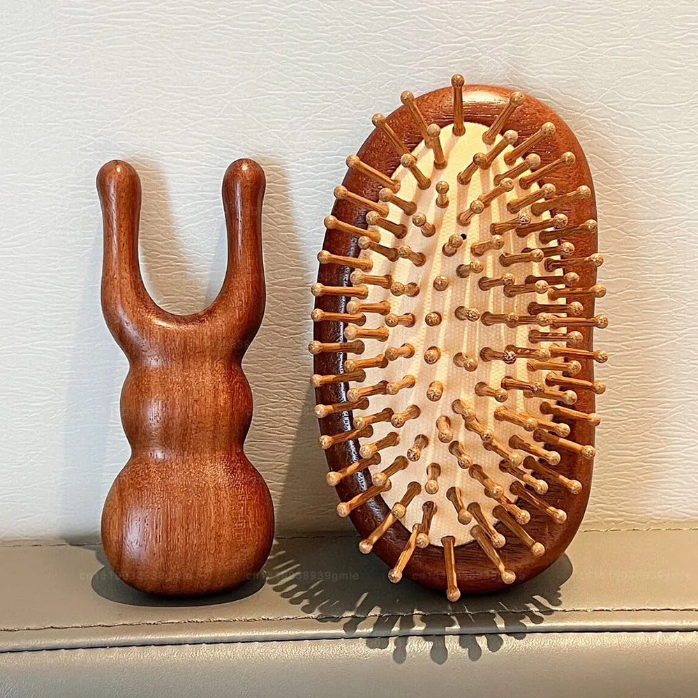 

Sandalwood Scalp Lift The Face Massager Gua Sha Tool Back Scratcher Spa Handheld Meridian Massage Comb Hair Care Two-Piece Suit