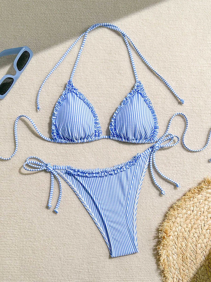 

Sexy Bikini 2026 Women's Swimsuit Vacation Striped Patchwork Ruffle Trim Bikinis Sets Summer Female Swimwear Beach Bathing Suit