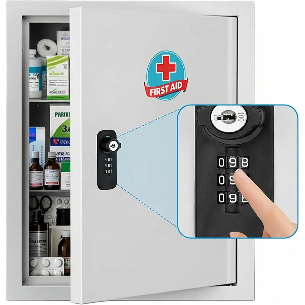 

Wall Mounted Metal Medicine Cabinet with Key Lock, irst Aid Medication Storage Box, White