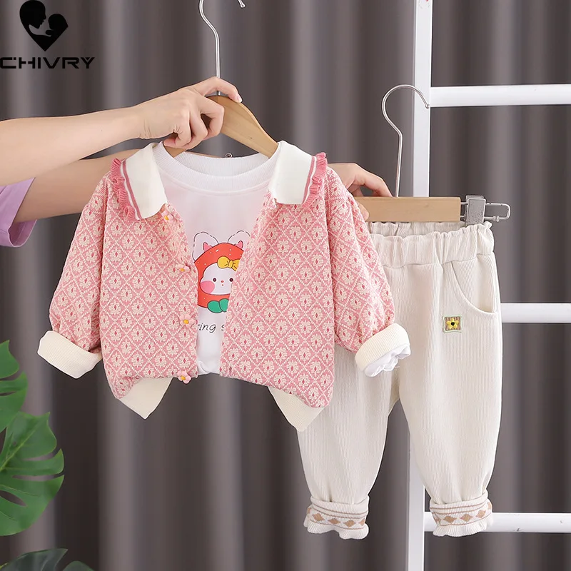 Nieuwe 2023 Kinderen Herfst Mode Bloemen Geruite Revers Jas Cartoon Konijn Sweatshirt Met Broek Baby Meisjes Driedelige Kleding Sets