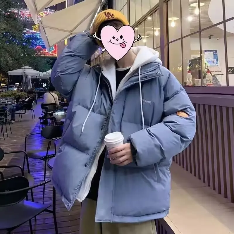 

Autumn Winter Thiened Men's Cotton Jaet Fake Two-Piece down Bread Sle Outerwear Stand Fit Casual Hooded Zipper Closure