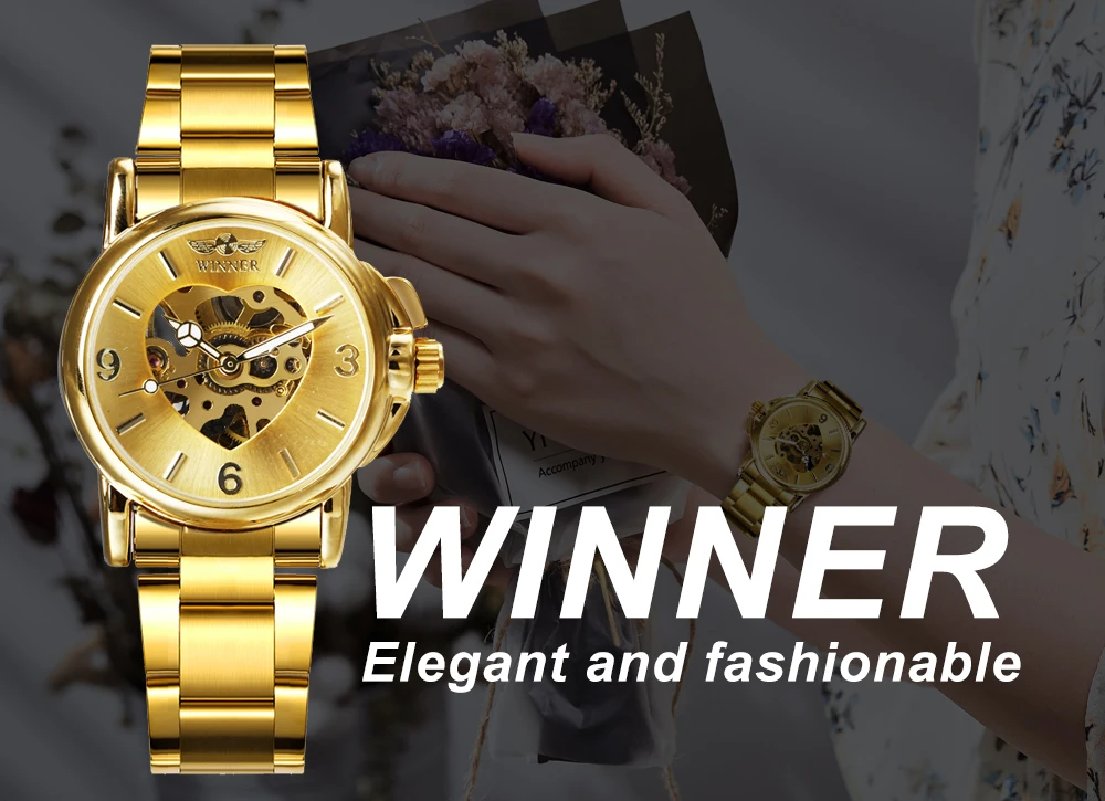 WINNER Elegant Ladies Watches Top Brand Luxury Gold Skeleton Automatic Mechanical Watch for Women Fashion Stainless Steel Strap