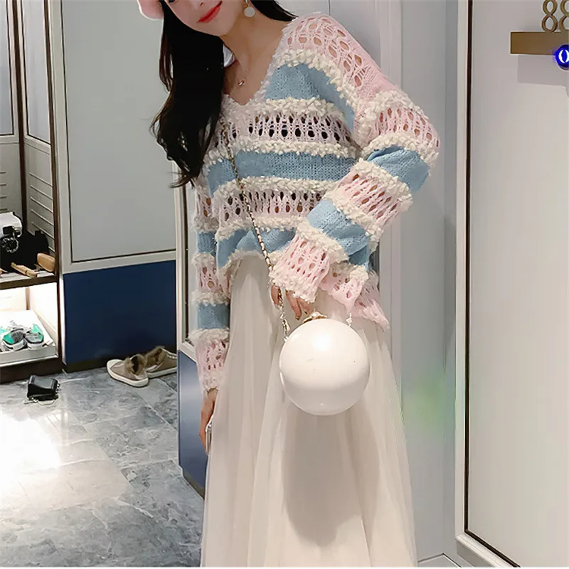 Fashion Pull Femme Striped Hollowed Out Knit Top For Women Spring Summer Sweaters Loose Ladies Long Sleeve Pullover Shirt