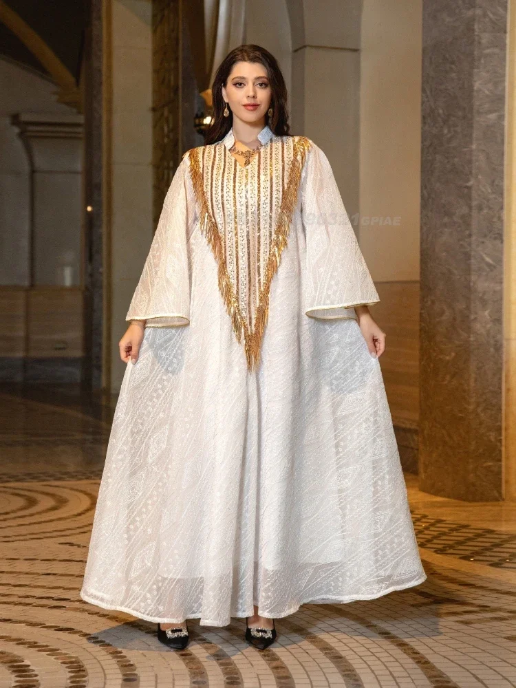 Sukienka damska muzułmańskie Abaya siateczka z cekinami Jalabiya Dubai Abayas Kaftan Abaya Islam Vestidos arabskie długa suknia jesień