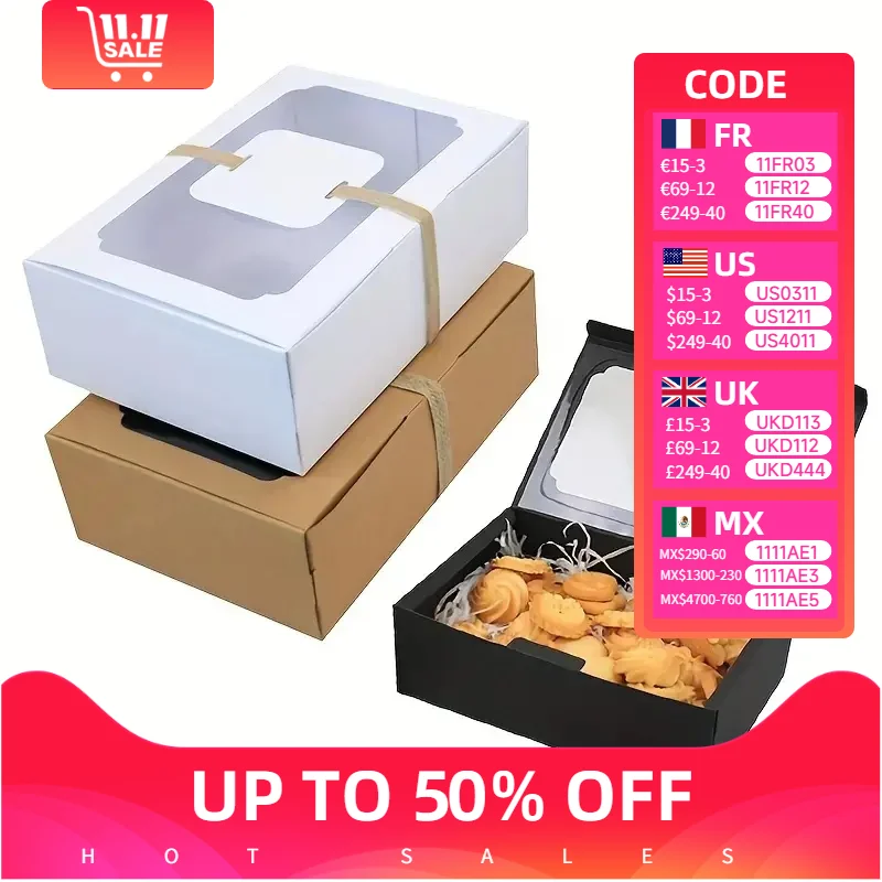 

12pcs/New Large Kraft Paper Box, Cookie Candy Cake Gift Box, PVC Transparent Window Birthday Christmas Gift, Party Supplies