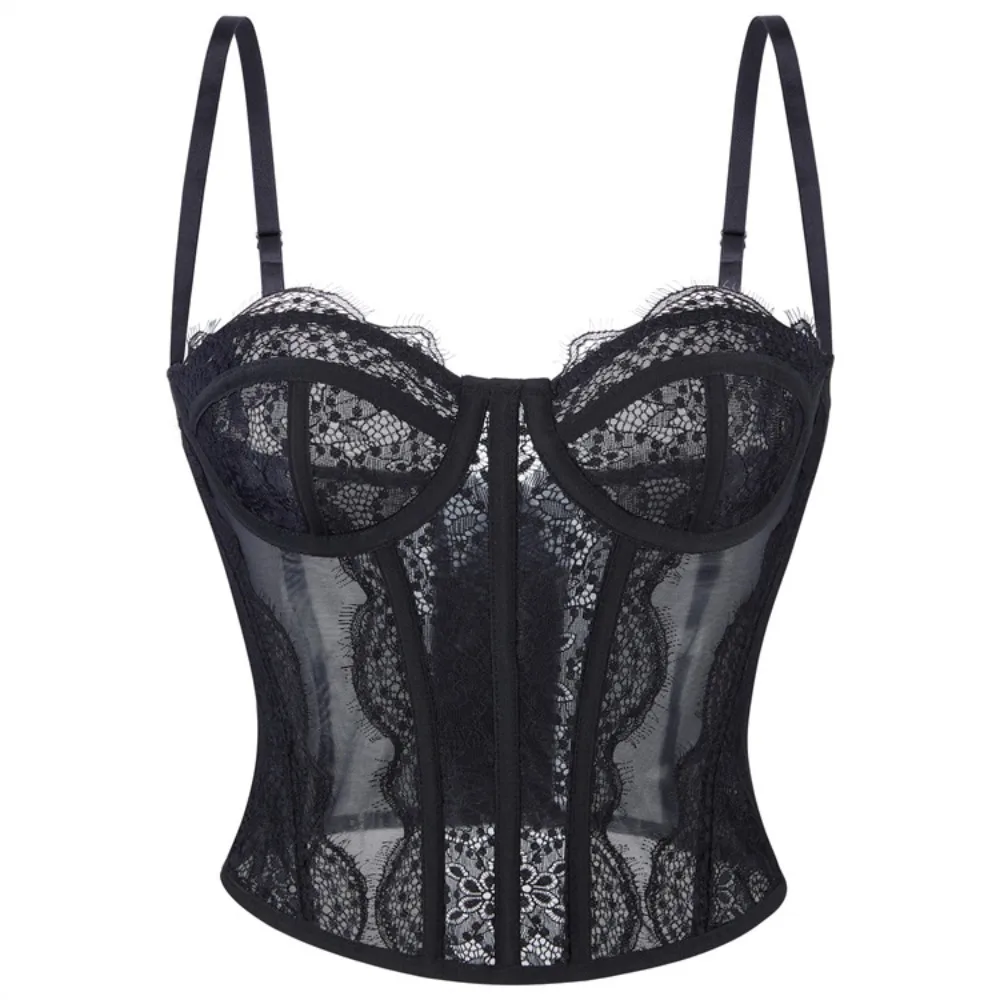 Women S Summer Outerwear Sexy and Sensual Lace Strapless Camisole Style Corset with Padded Straps Strapless Top Corselet Bordado