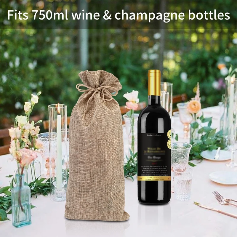 10pcs Jute Wine Bags, 14 X 6 1/4 Inches Hessian Wine Bottle Gift Bags with Drawstring-HOT