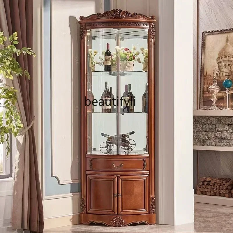 

l American solid wood corner cabinet, living room household wall curved glass wine cabinet corner