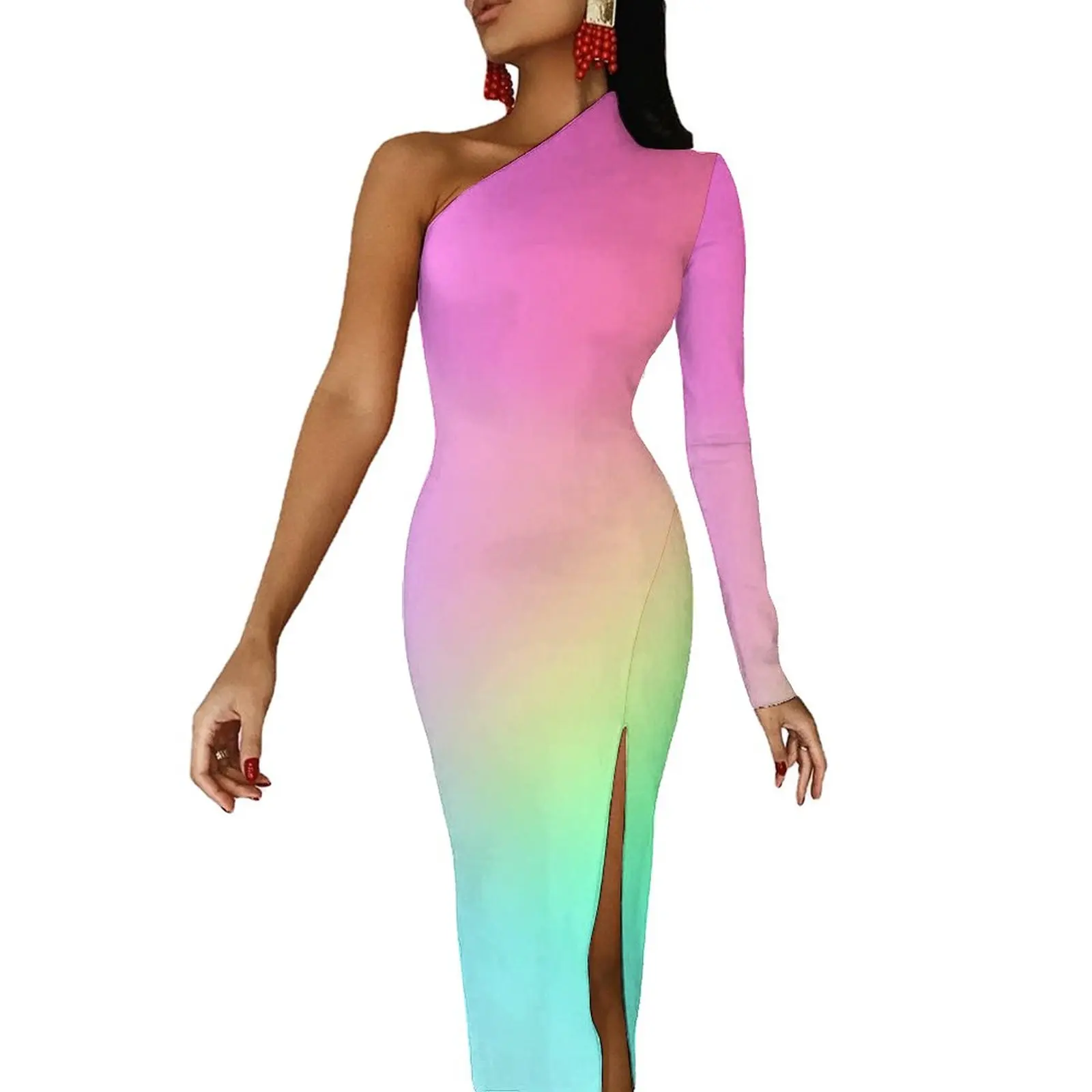 

Ombre Long Dress Woman Rainbow Print Aesthetic Maxi Dress Autumn Sexy Bodycon Dresses Side Split Custom Vestido