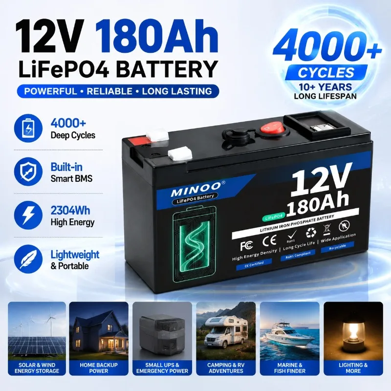 12V 180Ah LiFePO4 Solar Battery Deep Cycle Rechargeable Built-in BMS Lithium 180000mAh for Power Wheels Scooters Fish Finder