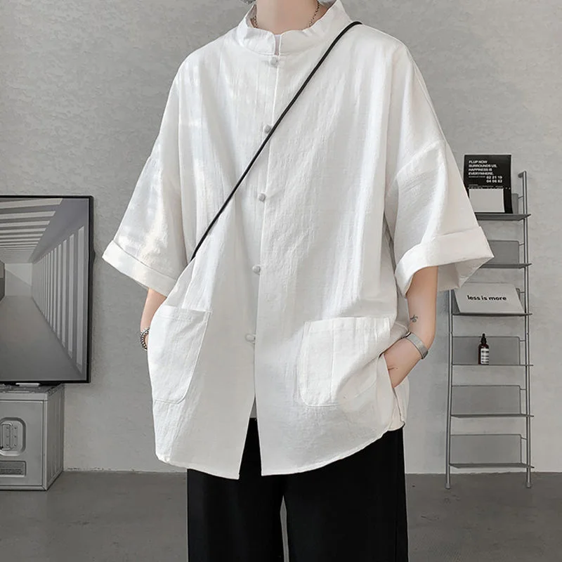 

Loose Fit Large Size Summer Thin Male Shirt Buttoned Sleeveless Hanfu Taoist Robe Zen Tang Costume Youth Fashion Casual Shirt